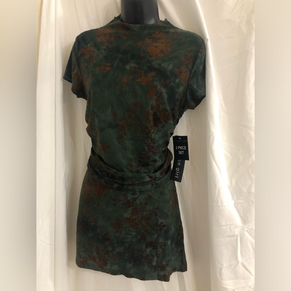 Madden Girl 2pc moss brown floral mockneck top and skirt goth set size XL new